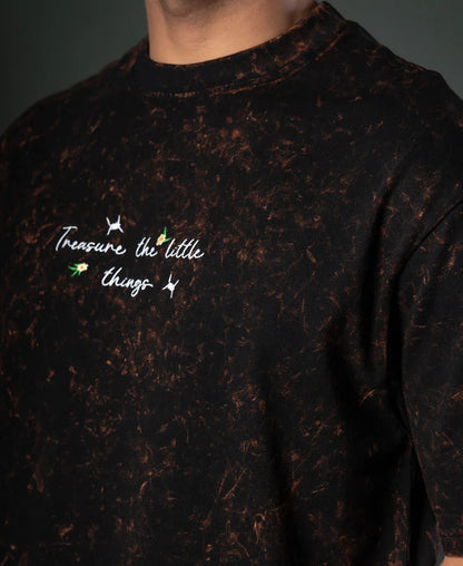 Powerlook Dark Brown Floral Embroidery Cotton T-Shirt