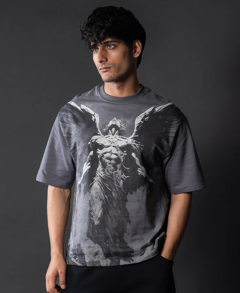 Powerlook Grey Angel Grunge Cotton T-Shirt