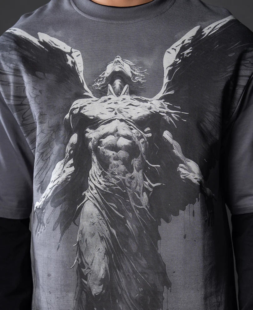 Powerlook Grey Angel Grunge Cotton T-Shirt