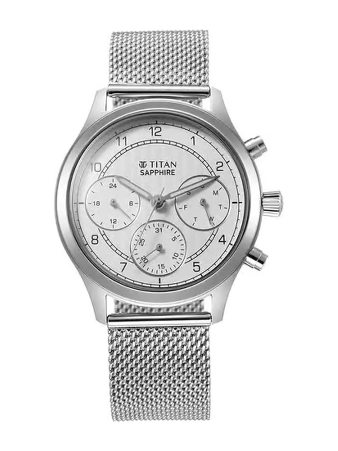 Titan Round White Dial Multifunction Watch With Silver Strap  - 1874SM01