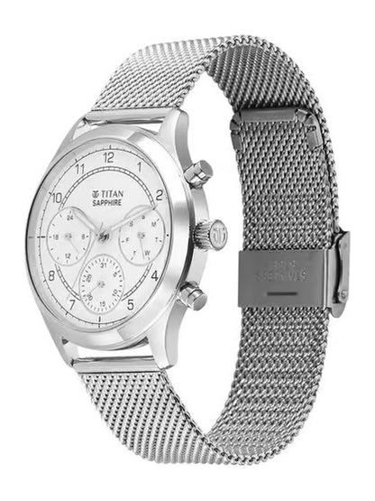 Titan Round White Dial Multifunction Watch With Silver Strap  - 1874SM01