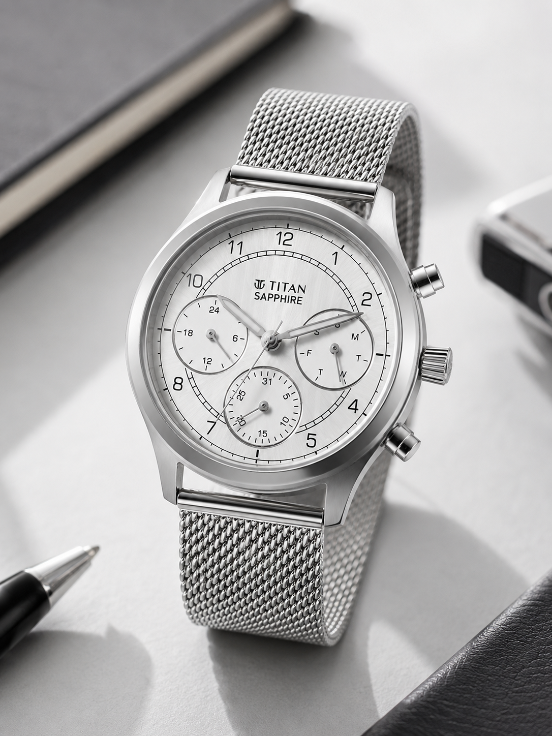 Titan Round White Dial Multifunction Watch With Silver Strap  - 1874SM01