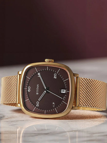Titan Brass Dial & Stainless Steel Bracelet Style Straps Analogue Watch - 1885WM01
