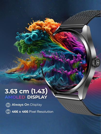 Titan Crest With 3.63 Cm Amoled Display With Aod, Functional Crown, Bt Calling Smartwatch With Black Mesh Strap