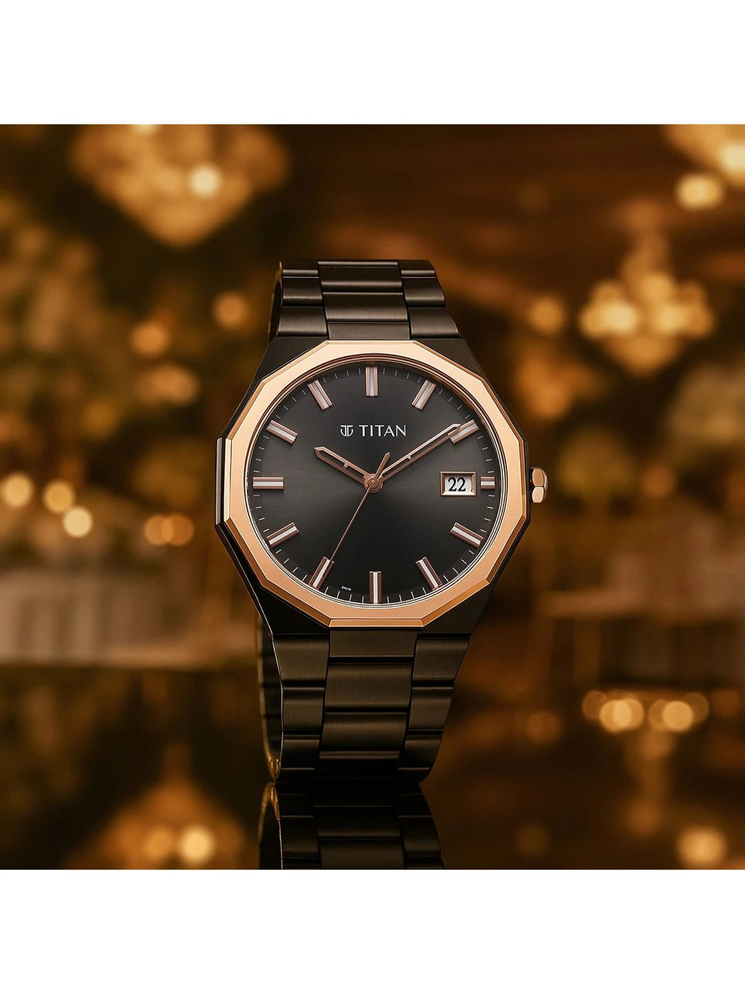 Titan Dodecagon Round Dial Quartz Movement Watch - 90212KM02