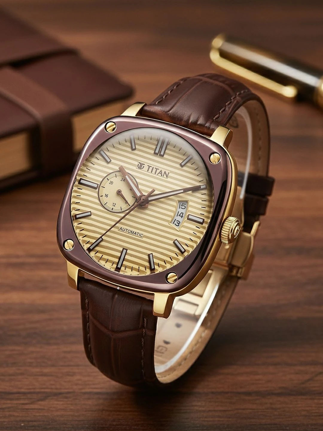 Titan Vintage Concealed Automatic Analog Beige Dial Watch - 90225KL03