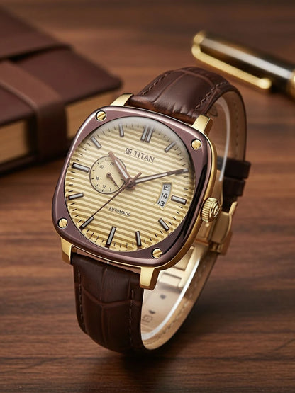 Titan Vintage Concealed Automatic Analog Beige Dial Watch - 90225KL03