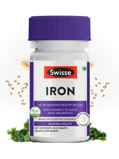 Swisse Iron with Ferrous Bisglycinate, Calcium Absorbate Dihydrate & Vitamin C for Healthy Blood, Haemoglobin & Energy Levels (30 Tablets)