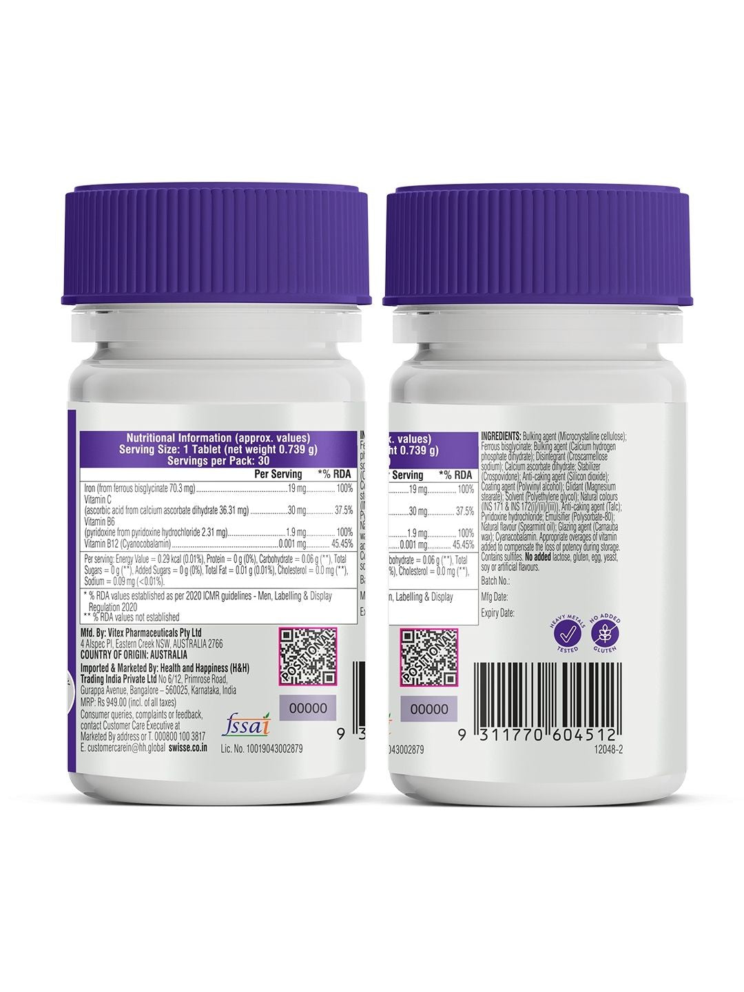 Swisse Iron with Ferrous Bisglycinate, Calcium Absorbate Dihydrate & Vitamin C for Healthy Blood, Haemoglobin & Energy Levels (30 Tablets)