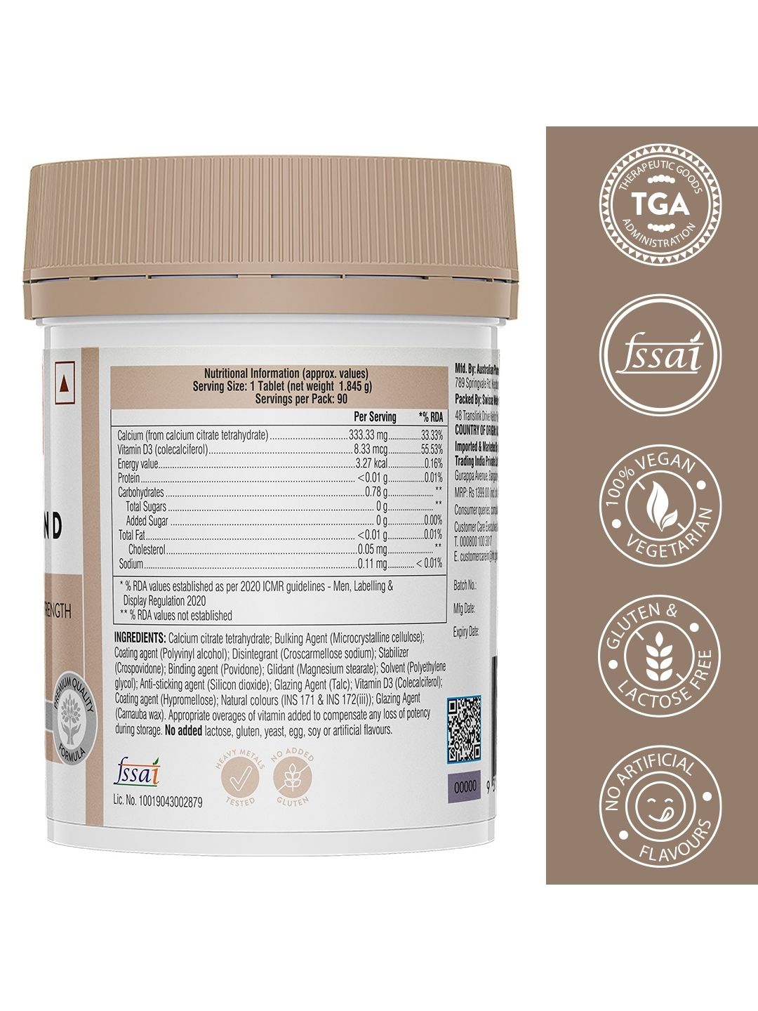 Swisse Calcium + Vitamin D with Citrate Tetrahydrate 333.33mg & Colecalciferol 8.33mcg for Muscle, Teeth & Bone Health (90 Tablets)