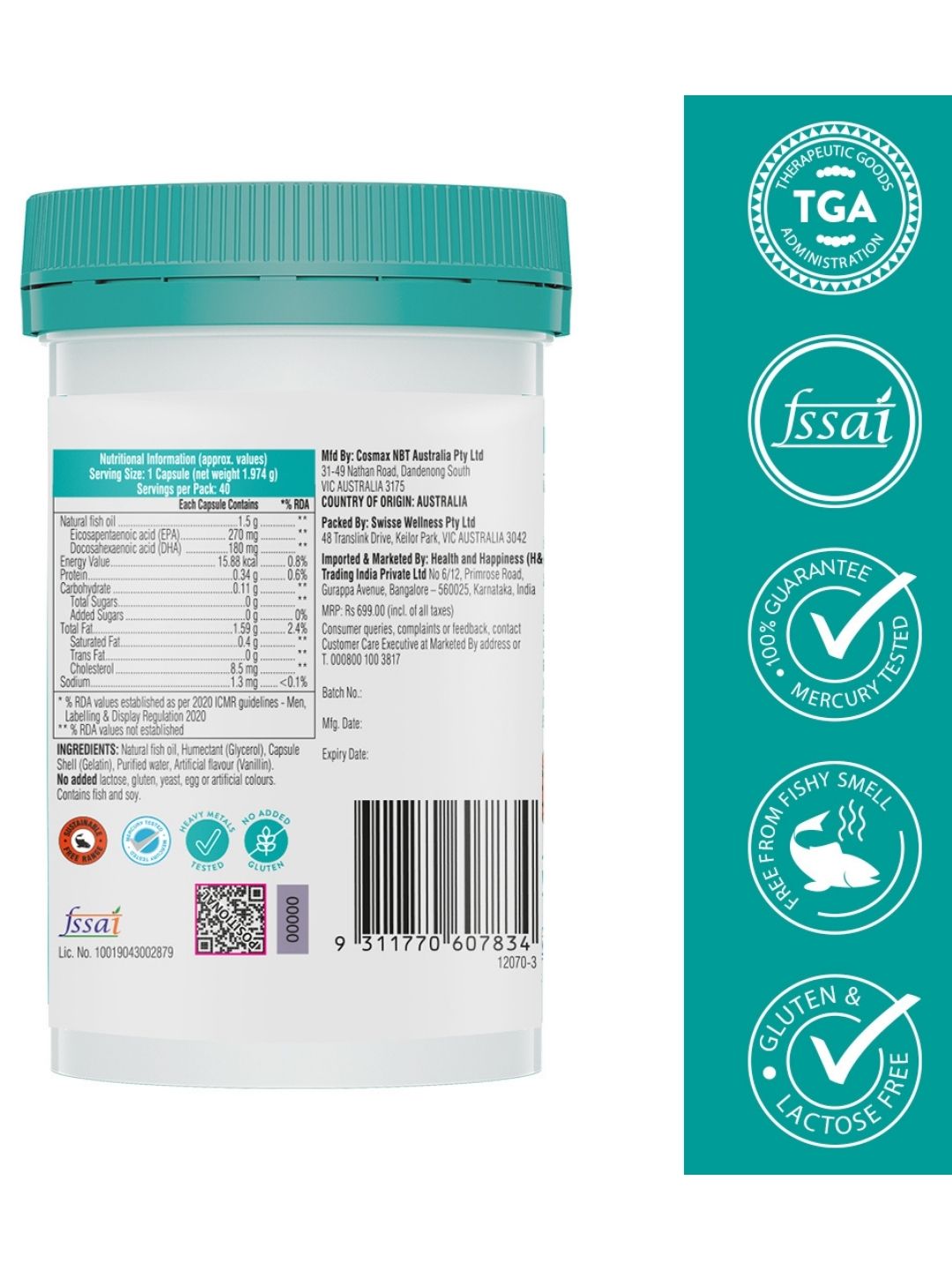 Swisse Fish Oil 1500mg Omega 3 for Highest Omega-3 Content in One Capsule (40 Capsules)