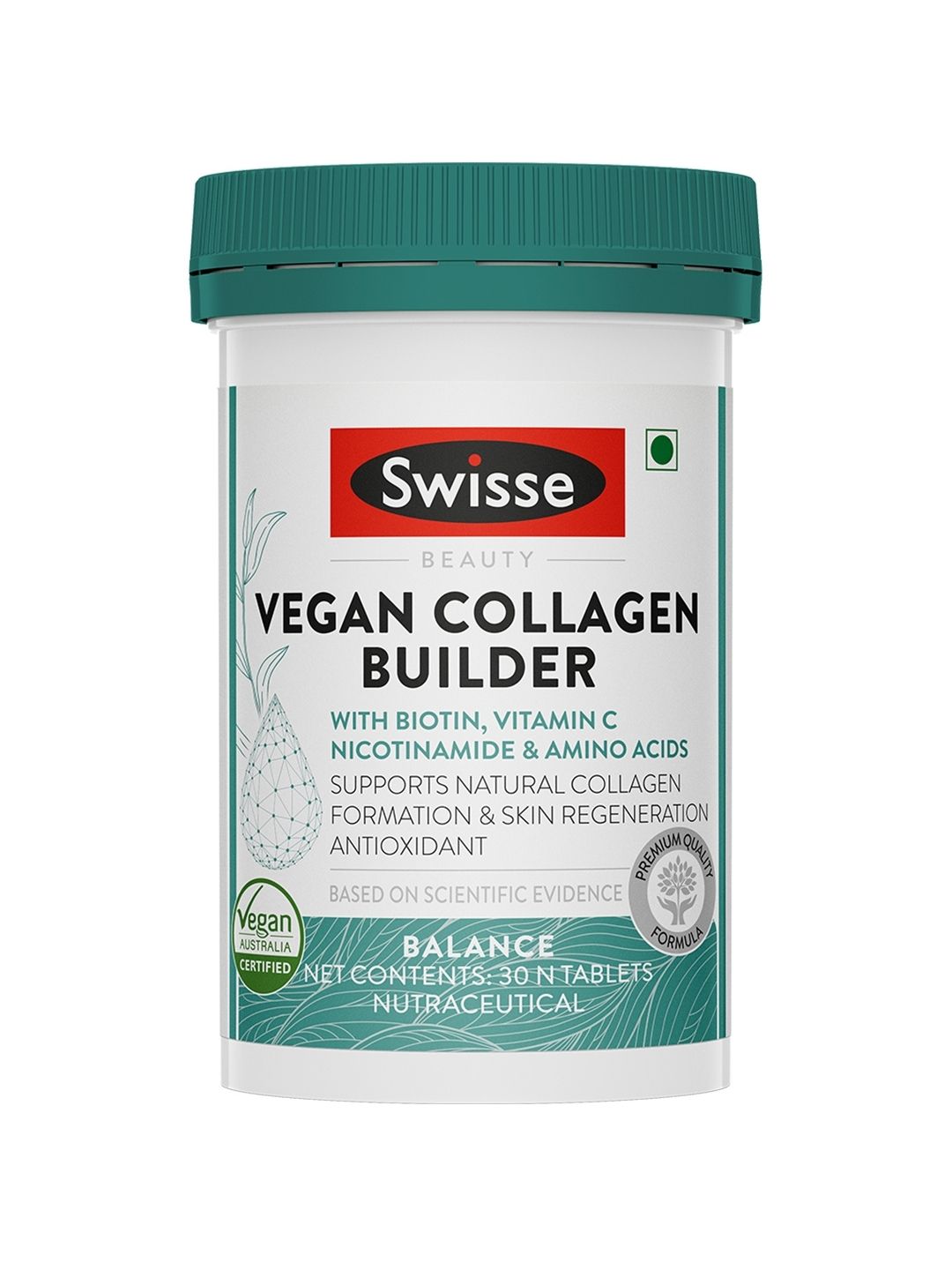 Swisse Vegan Collagen Builder with Nicotinamide & Vitamin C for Natural Collagen Formation & Skin Regeneration (30 Tablets)