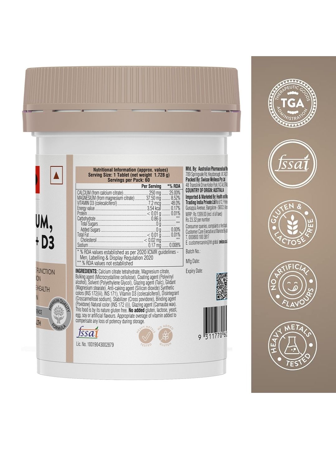 Swisse Magnesium, Calcium+D3 with Magnesium Citrate 37.5mg, Calcium Citrate 250mg & Colecalciferol 7.2mcg for Healthy Muscle Function (60 Tablets)