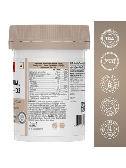 Swisse Magnesium, Calcium+D3 with Magnesium Citrate 37.5mg, Calcium Citrate 250mg & Colecalciferol 7.2mcg for Healthy Muscle Function (60 Tablets)