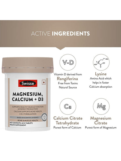 Swisse Magnesium, Calcium+D3 with Magnesium Citrate 37.5mg, Calcium Citrate 250mg & Colecalciferol 7.2mcg for Healthy Muscle Function (60 Tablets)