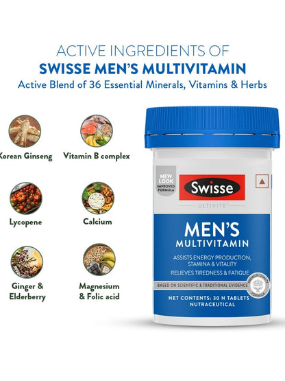 Swisse Multivitamin with Ginseng & 35 Other Vital Herbs, Vitamins & Minerals for Energy, Stamina & Vitality (30 Tablets)