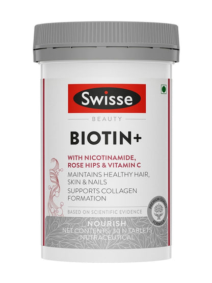 Swisse Biotin+ with Nicotinamide, Rose Hips & Vitamin C to Reduce Hair Loss and Promote Regrowth (30 Tablets)