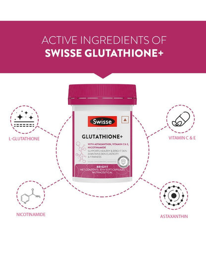 Swisse Glutathione+ with Astaxanthin, Vitamin C & E, Nicotinamide for Healthy, Radiant & Youthful Skin (30 Capsules)