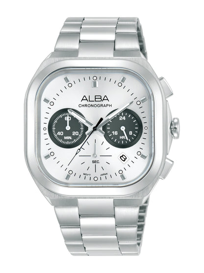 Alba Round White & Black Dial Chronograph Watch With Date Display & Steel Strap  - AT3L07X1