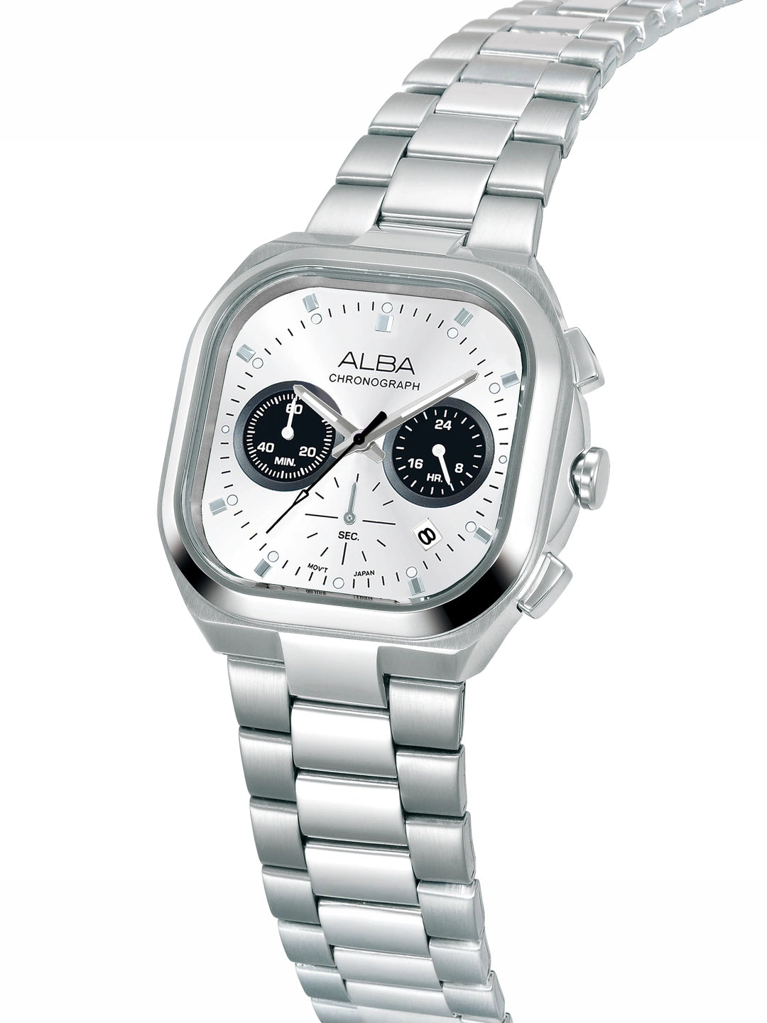 Alba Round White & Black Dial Chronograph Watch With Date Display & Steel Strap  - AT3L07X1