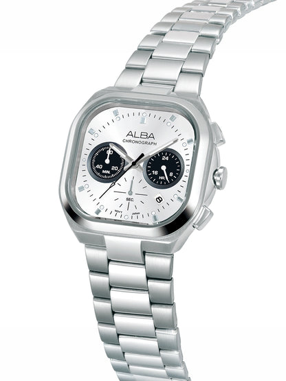 Alba Round White & Black Dial Chronograph Watch With Date Display & Steel Strap  - AT3L07X1