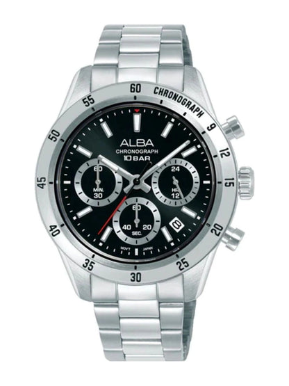 Alba Round Black Dial Analog Watch With Chronograph Display & Metal Strap - AT3L27X1
