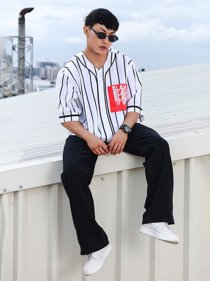 House Of Koala Men Stripe Printed White Classic Oversized Fit Baseball Shirt
