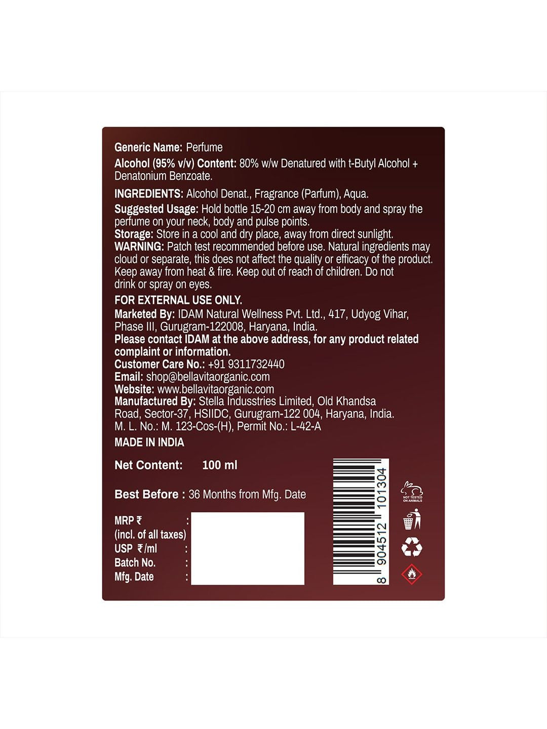 Bellavita Elixir No.1 Long Lasting Perfume (100ml)