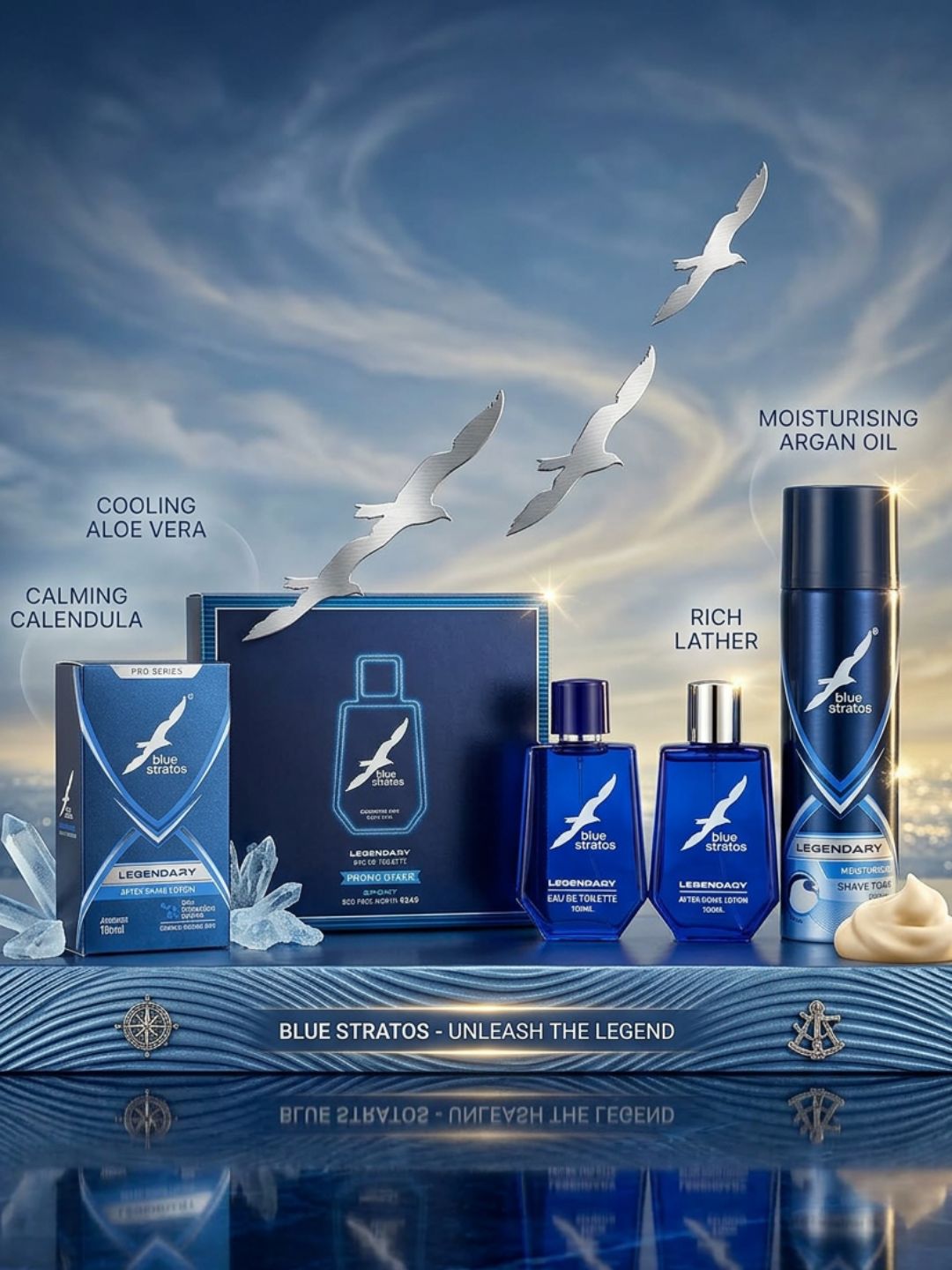 Test Blue Stratos Legendary Grooming Combo | Eau de Toilette, After Shave Lotion & Shaving Foam