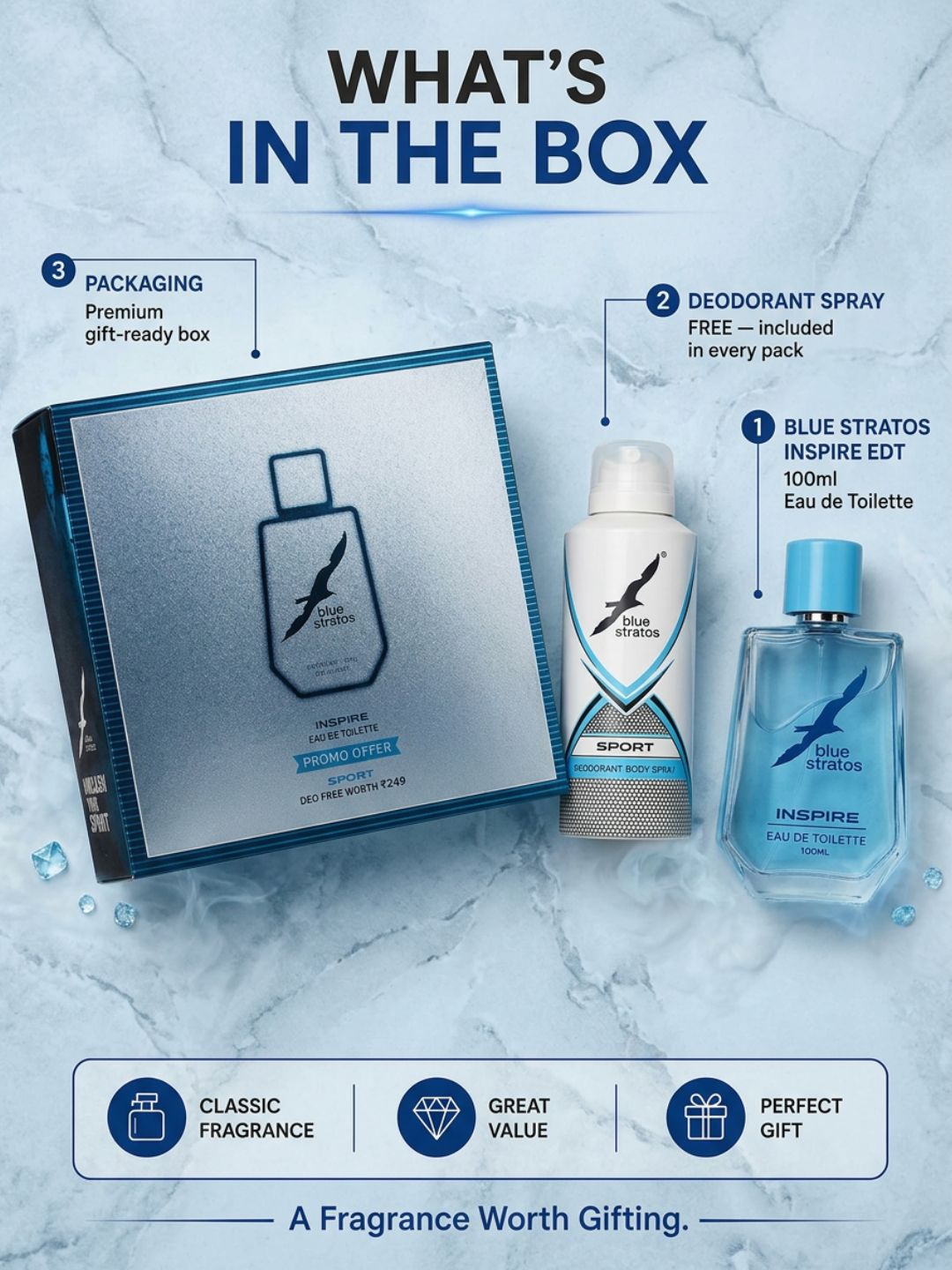 Blue Stratos Inspire Eau de Toilette with  Free Deo  (100ml)