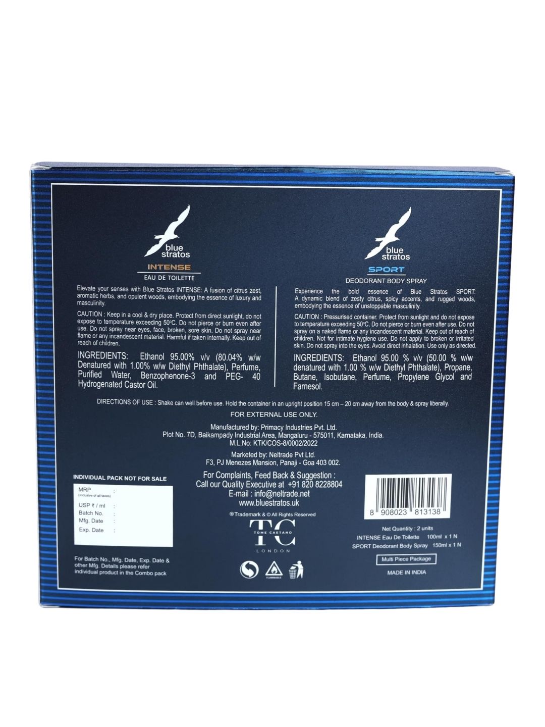Blue Stratos Intense Eau de Toilette with  Free Deo (100ml)