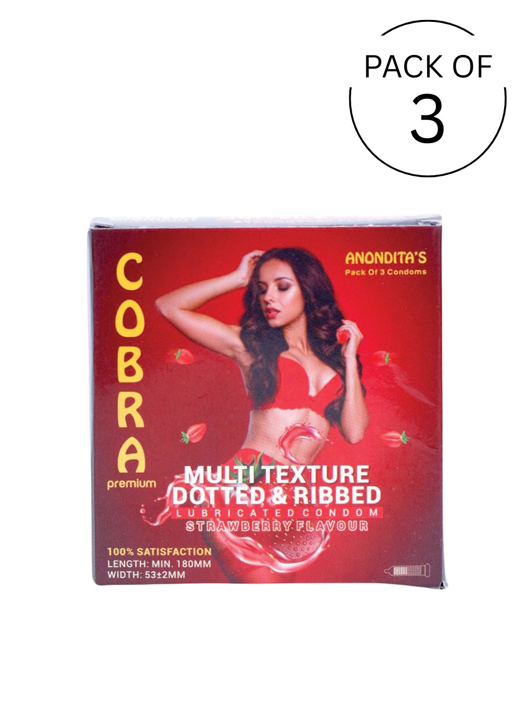 Cobra Premium-Multi Texture Dotted & Ribbed Strawberry Flavoured Condoms (Lubricated)