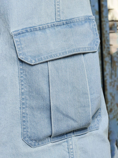 House Of Koala Light Blue Raw Wash Heavy Weight Premium Streetwear Baggy Fit Denim Cargo