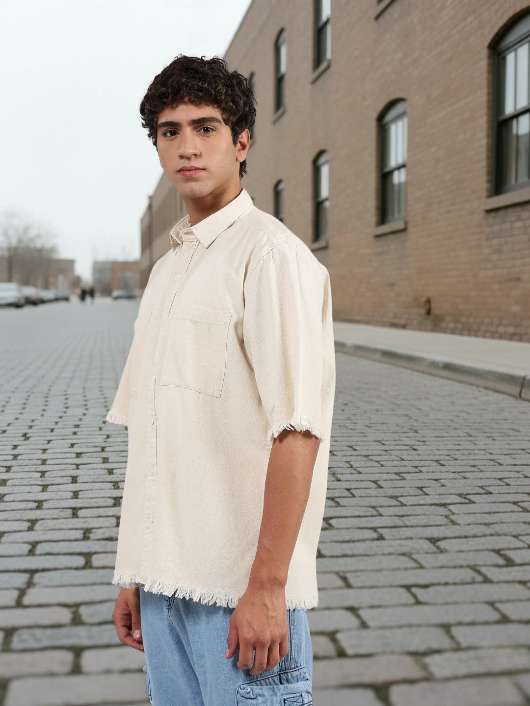 House Of Koala Off-White Raw Edge Oversized Box-Fit Spread Collar Premium Denim Shirt
