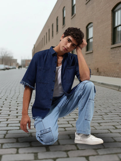 House Of Koala Navy Denim Raw Edge Oversized Box-Fit Spread Collar Half Sleeve Shirt