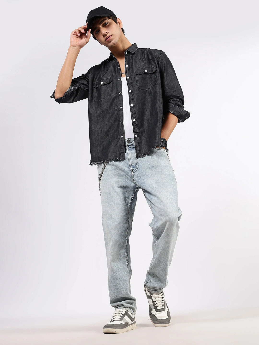 House Of Koala Black Raw Edge Oversized Relaxed Fit Full Sleeve Spread Collar Premium Denim Shirt
