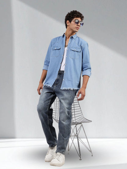 House Of Koala Blue Denim Raw Edge Oversized Relaxed Fit Spread Collar Premium Shirt