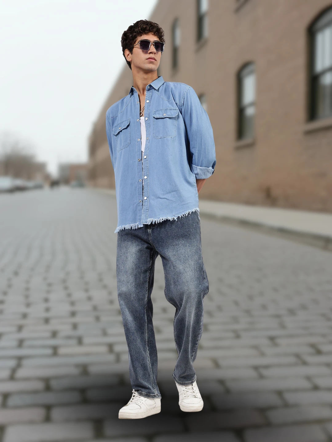 House Of Koala Blue Denim Raw Edge Oversized Relaxed Fit Spread Collar Premium Shirt