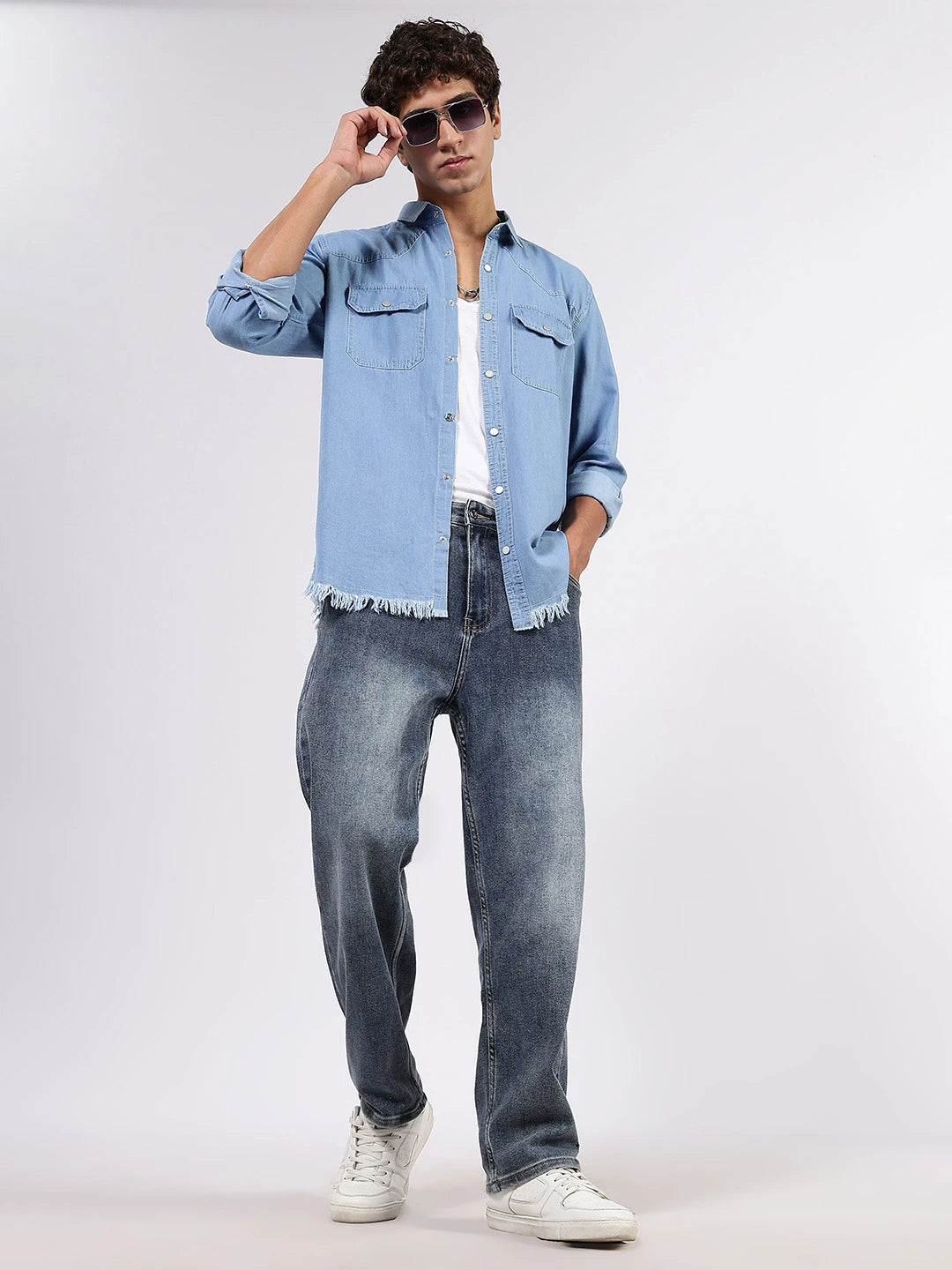 House Of Koala Blue Denim Raw Edge Oversized Relaxed Fit Spread Collar Premium Shirt
