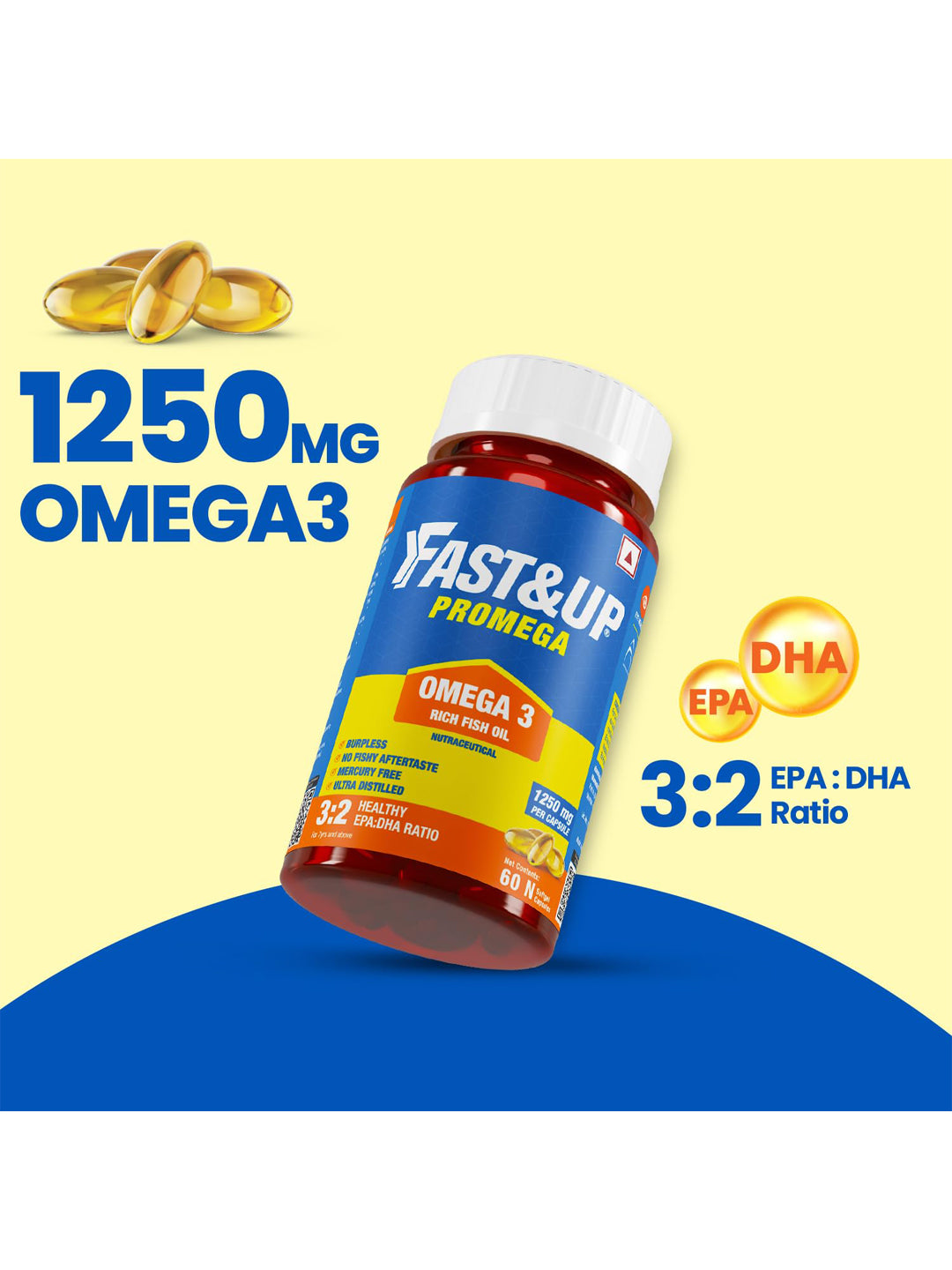 Fast&Up Omega 3 Fish Oil Softgels (Pack of 60 Softgels)