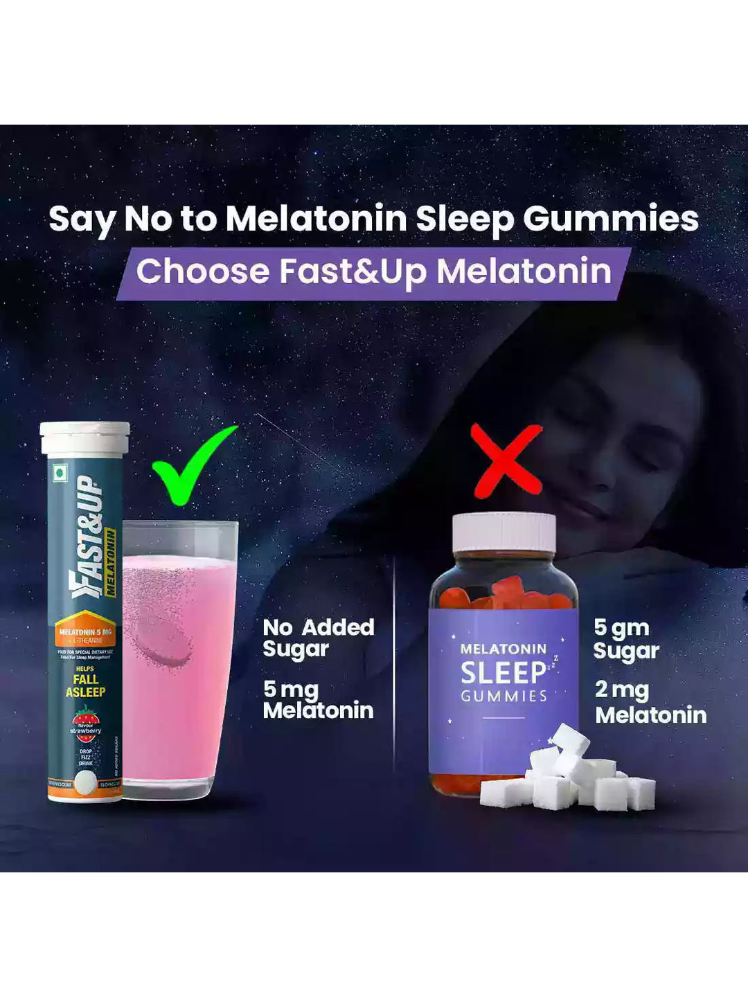 Fast&Up Strawberry Melatonin + L-Theanine Effervescent - 60 Tablets (Pack of 3)