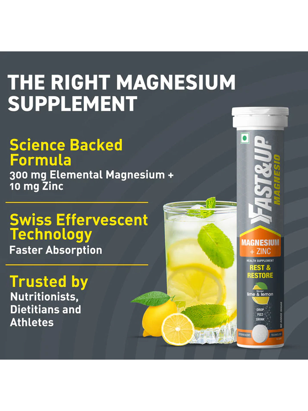 Fast&Up Magnesium + Zinc Lime & Lemon Effervescent (Pack of 3 x 20 Tablets)