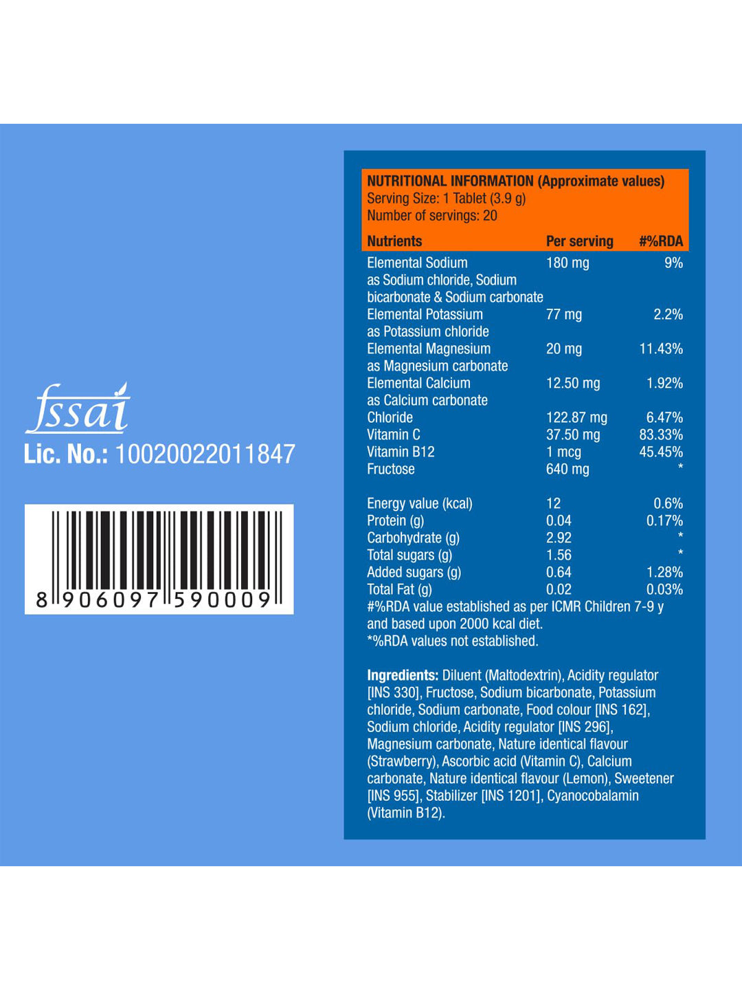 Fast&Up Blueberry Reload Low Sugar Electrolyte Effervescent - 60 Tablets (Pack of 3)