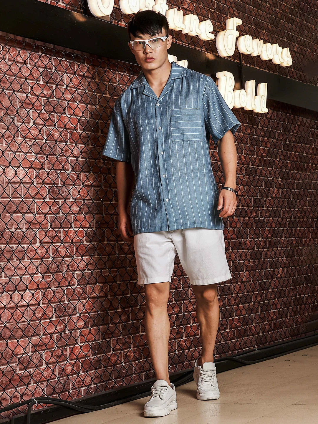 House Of Koala Linen Blend Blue Striped Cuban Collar Classic Relaxed Fit Resort Shirt