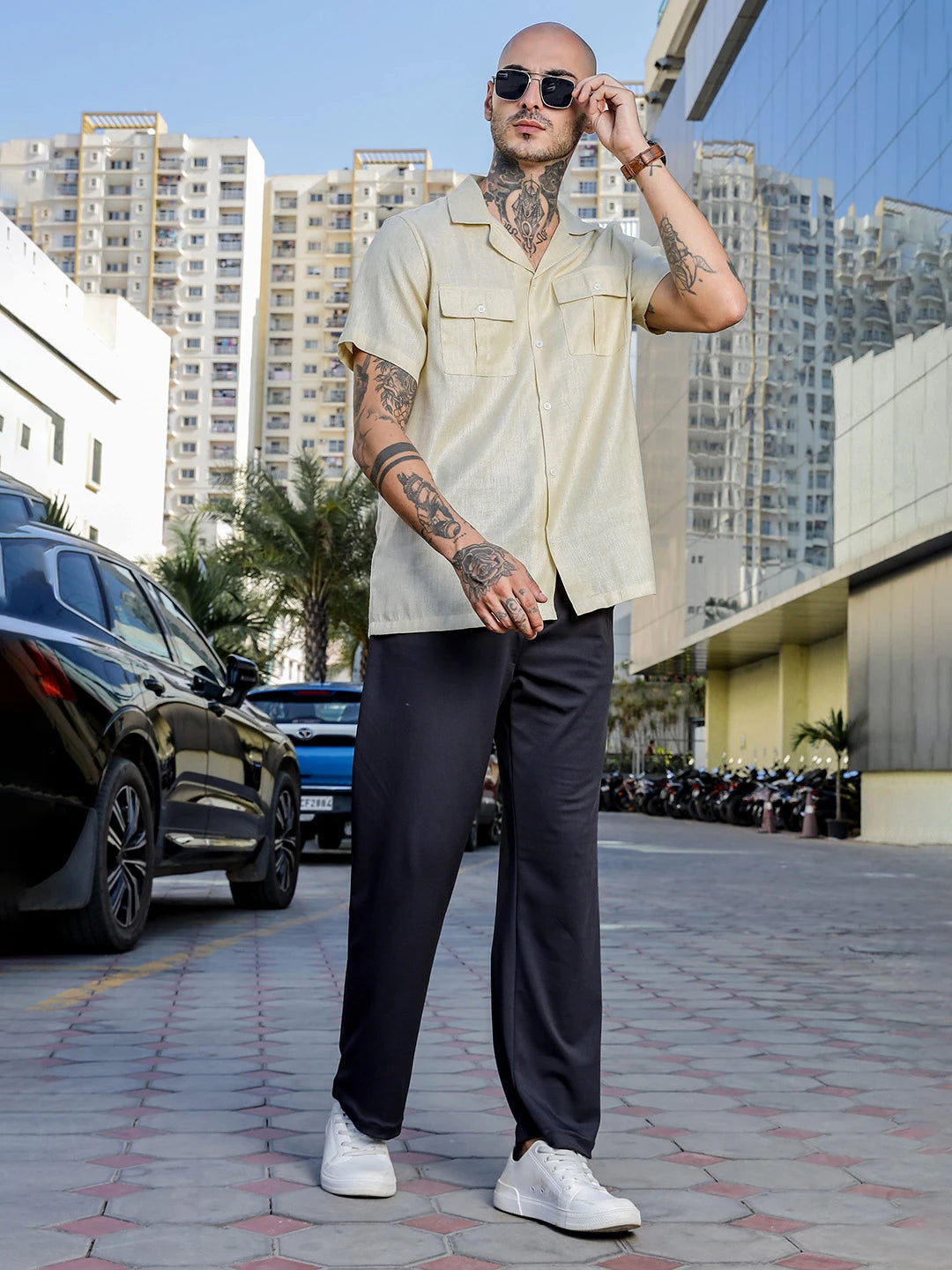 House Of Koala Linen Blend Beige Cuban Collar Classic Relaxed Fit Shirt