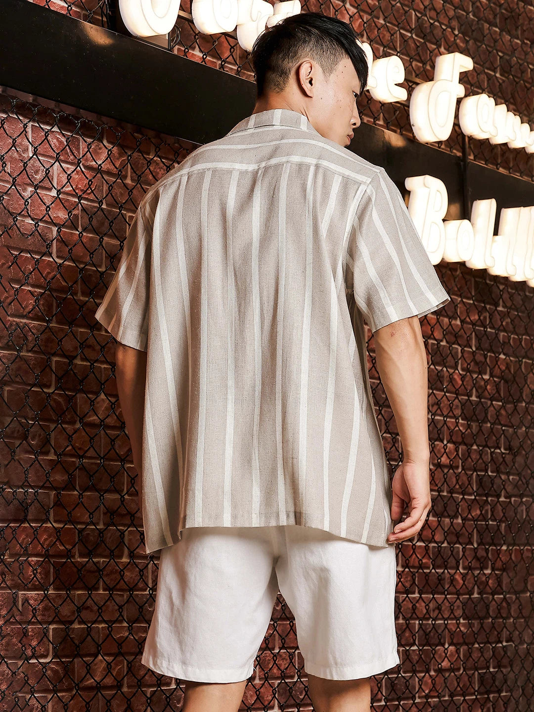 House Of Koala Linen Blend Beige White Striped Cuban Collar Classic Relaxed Fit Resort Shirt