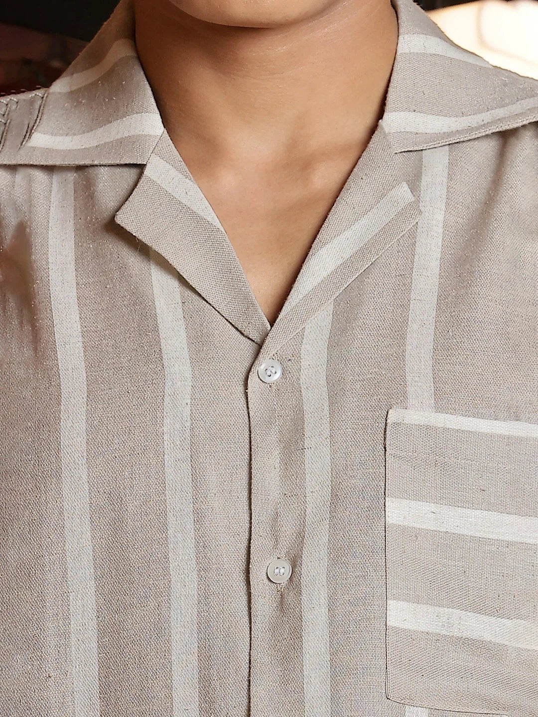 House Of Koala Linen Blend Beige White Striped Cuban Collar Classic Relaxed Fit Resort Shirt