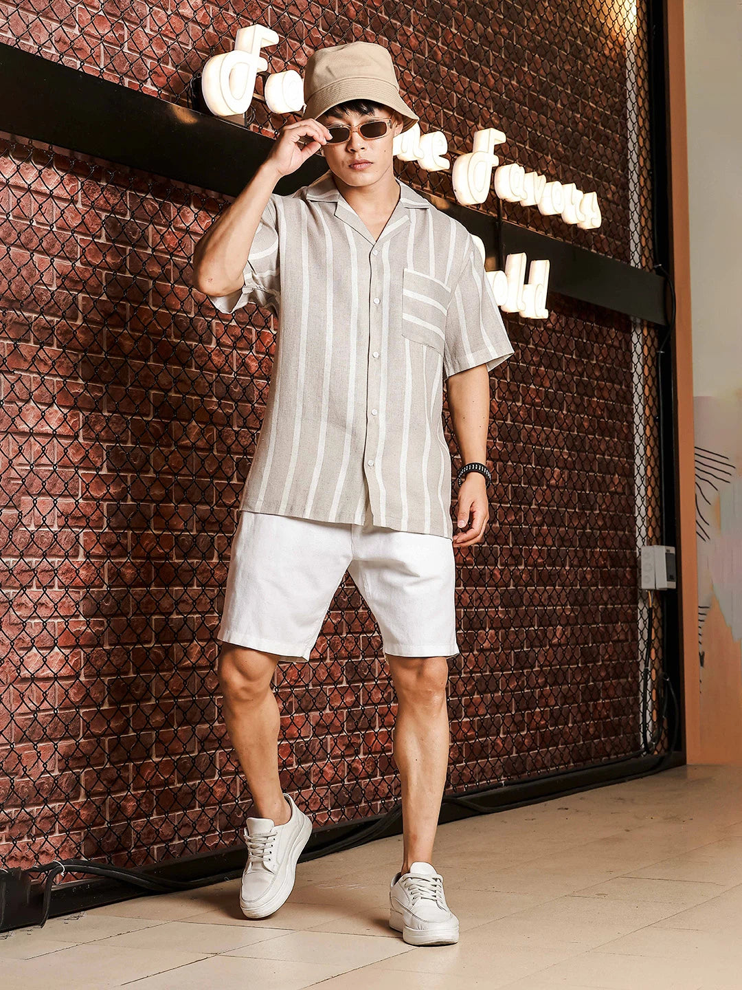 House Of Koala Linen Blend Beige White Striped Cuban Collar Classic Relaxed Fit Resort Shirt