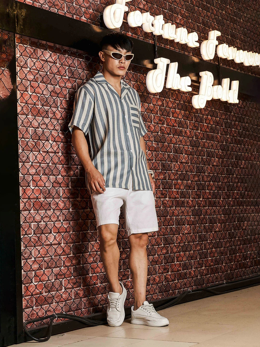House Of Koala Linen Blend Blue White Striped Cuban Collar Classic Relaxed Fit Resort Shirt