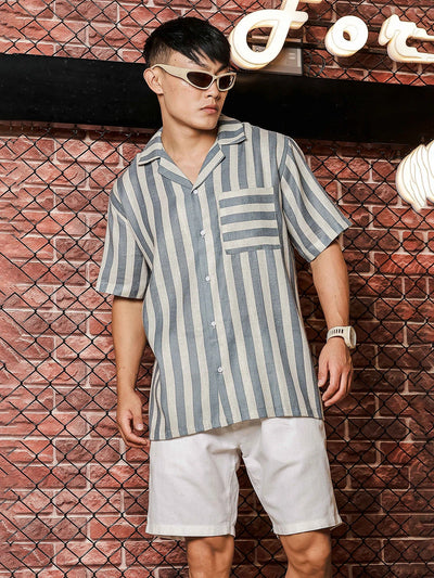 House Of Koala Linen Blend Blue White Striped Cuban Collar Classic Relaxed Fit Resort Shirt
